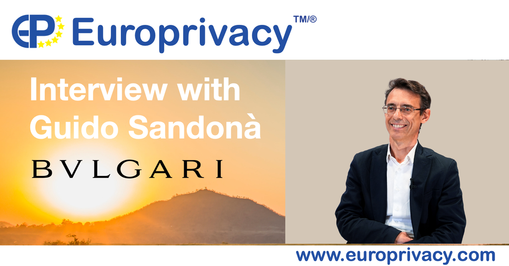Europrivacy interview with Guido Sandonà, Chief Information Security and Data Protection Officer of Bvlgari, featuring his portrait alongside the Bvlgari logo.
