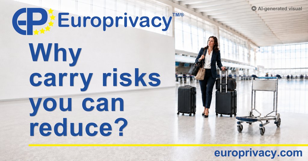 Europrivacy visual showing a businesswoman at an airport carrying multiple suitcases, with the message “Why carry risks you can reduce?” promoting GDPR certification and supplier risk reduction.